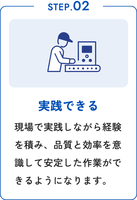 STEP.02 実践できる 現場で実践しながら経験を積み、品質と効率を意識して安定した作業ができるようになります。